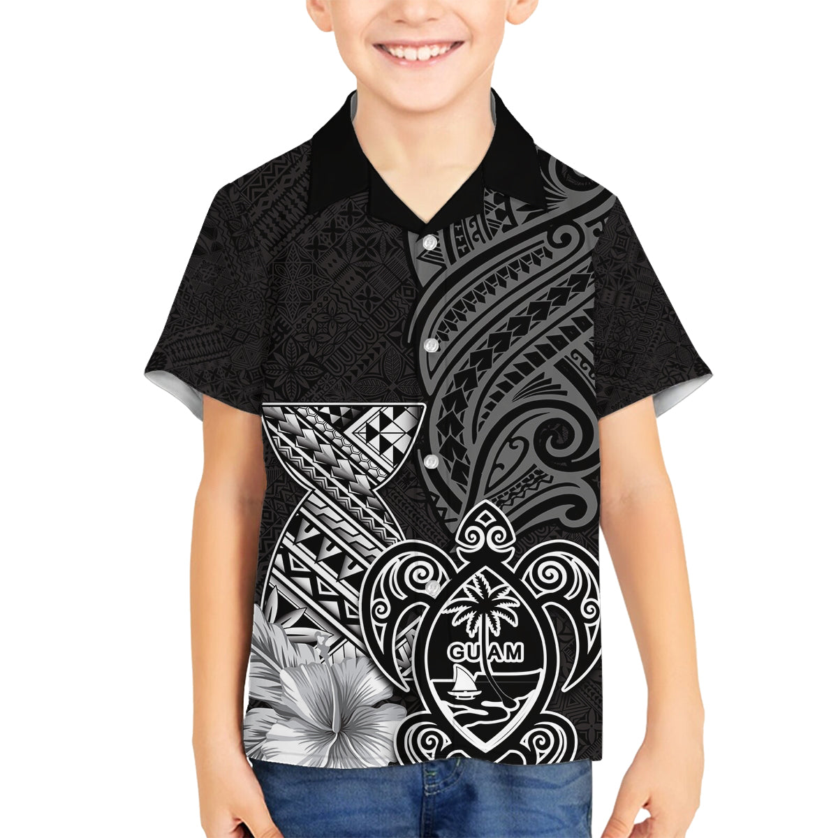 Guam Latte Stone Chamorro Culture Family Matching Summer Maxi Dress and Hawaiian Shirt Tapa Pattern LT03 Son's Shirt Black - Polynesian Pride