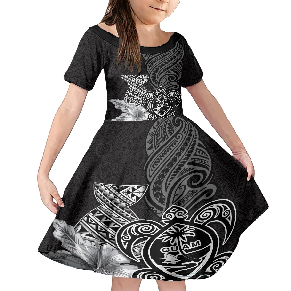 Guam Latte Stone Chamorro Culture Family Matching Tank Maxi Dress and Hawaiian Shirt Tapa Pattern LT03 Daughter's Dress Black - Polynesian Pride