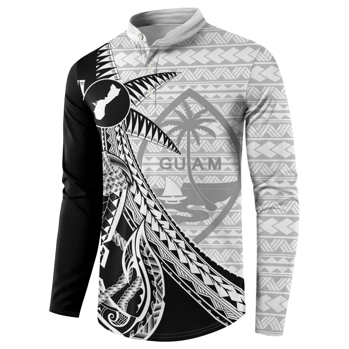 Guam Fish Hook and Palm Tree Button Sweatshirt Polynesian Pattern Half Style