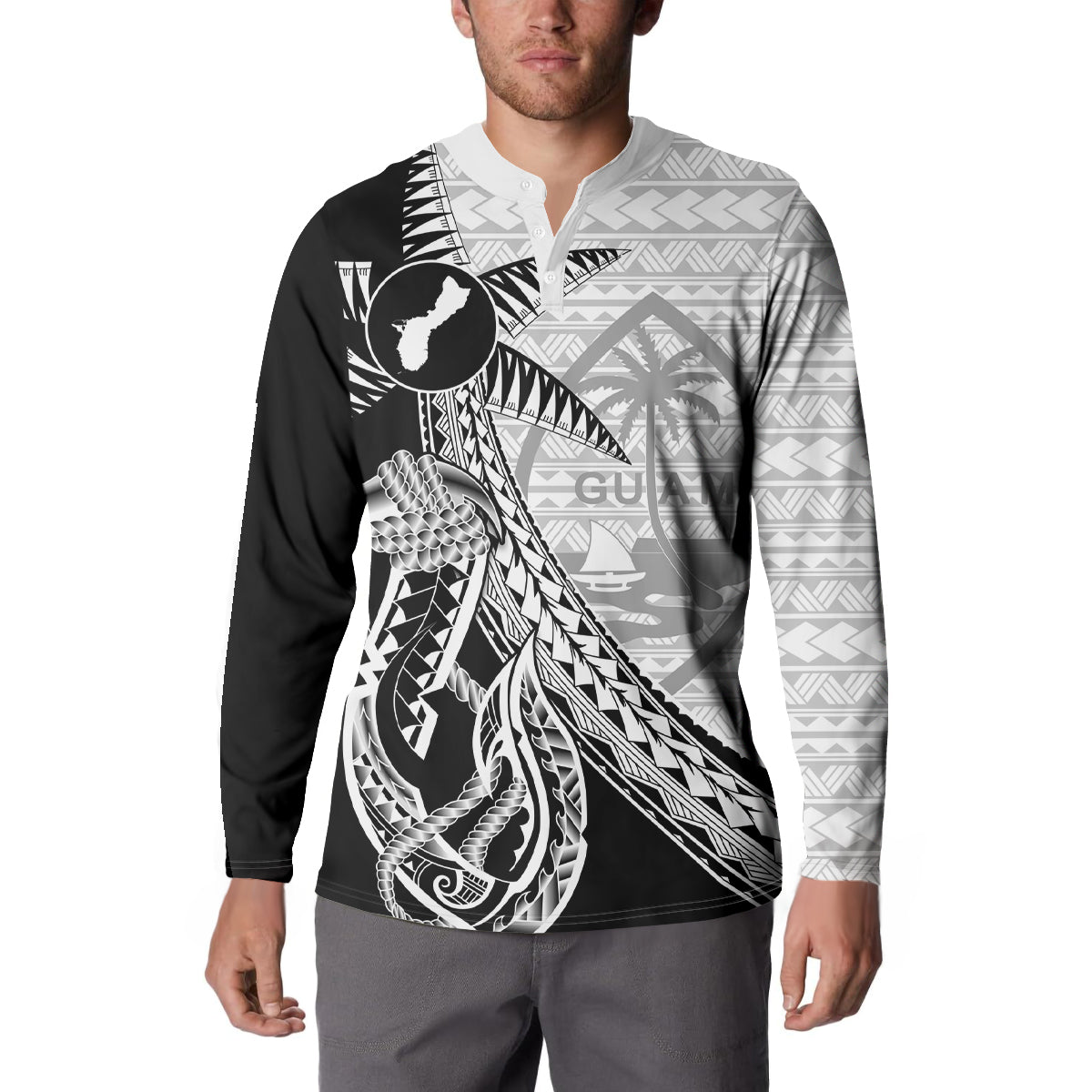 Guam Fish Hook and Palm Tree Button Sweatshirt Polynesian Pattern Half Style