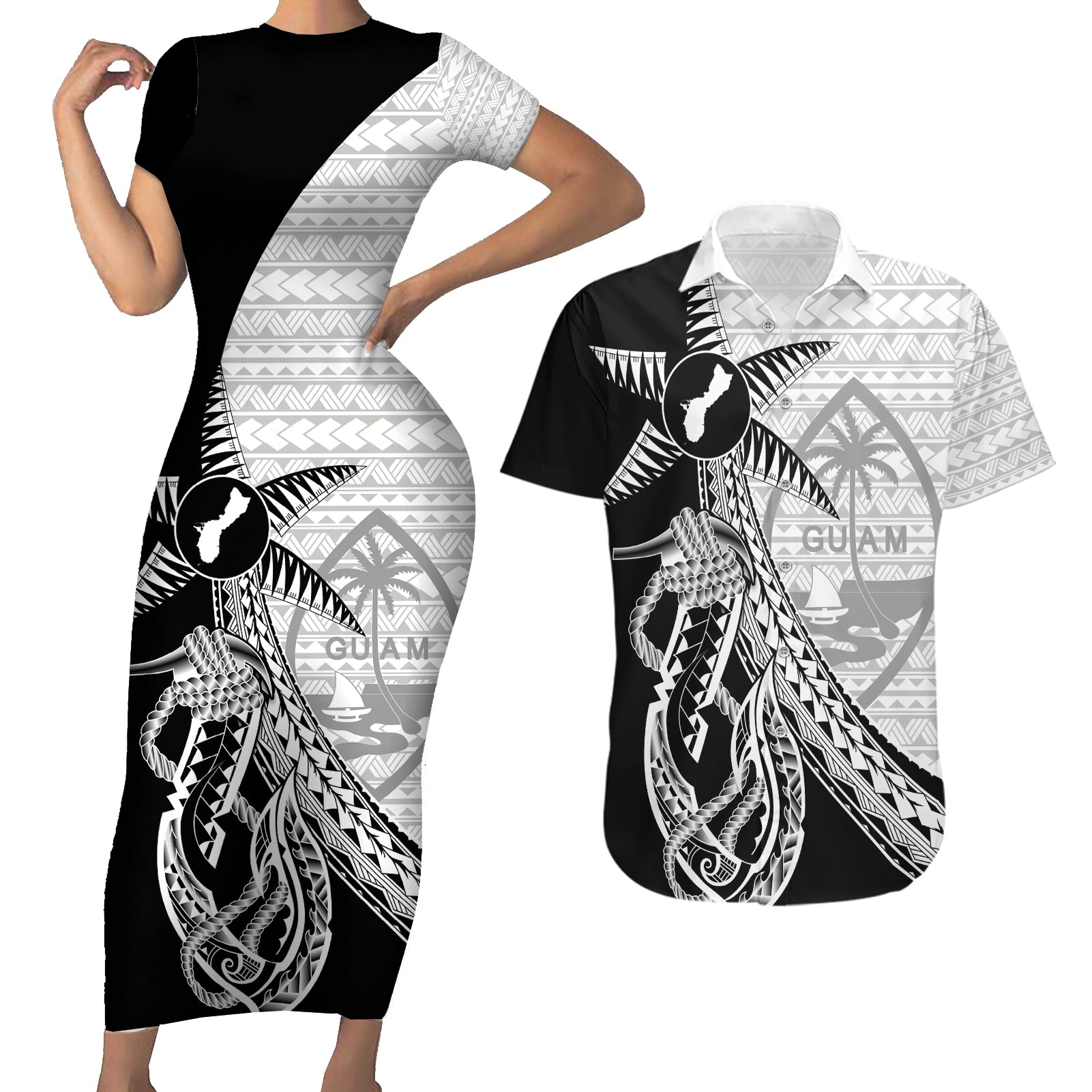 Guam Fish Hook and Palm Tree Couples Matching Short Sleeve Bodycon Dress and Hawaiian Shirt Polynesian Pattern Half Style