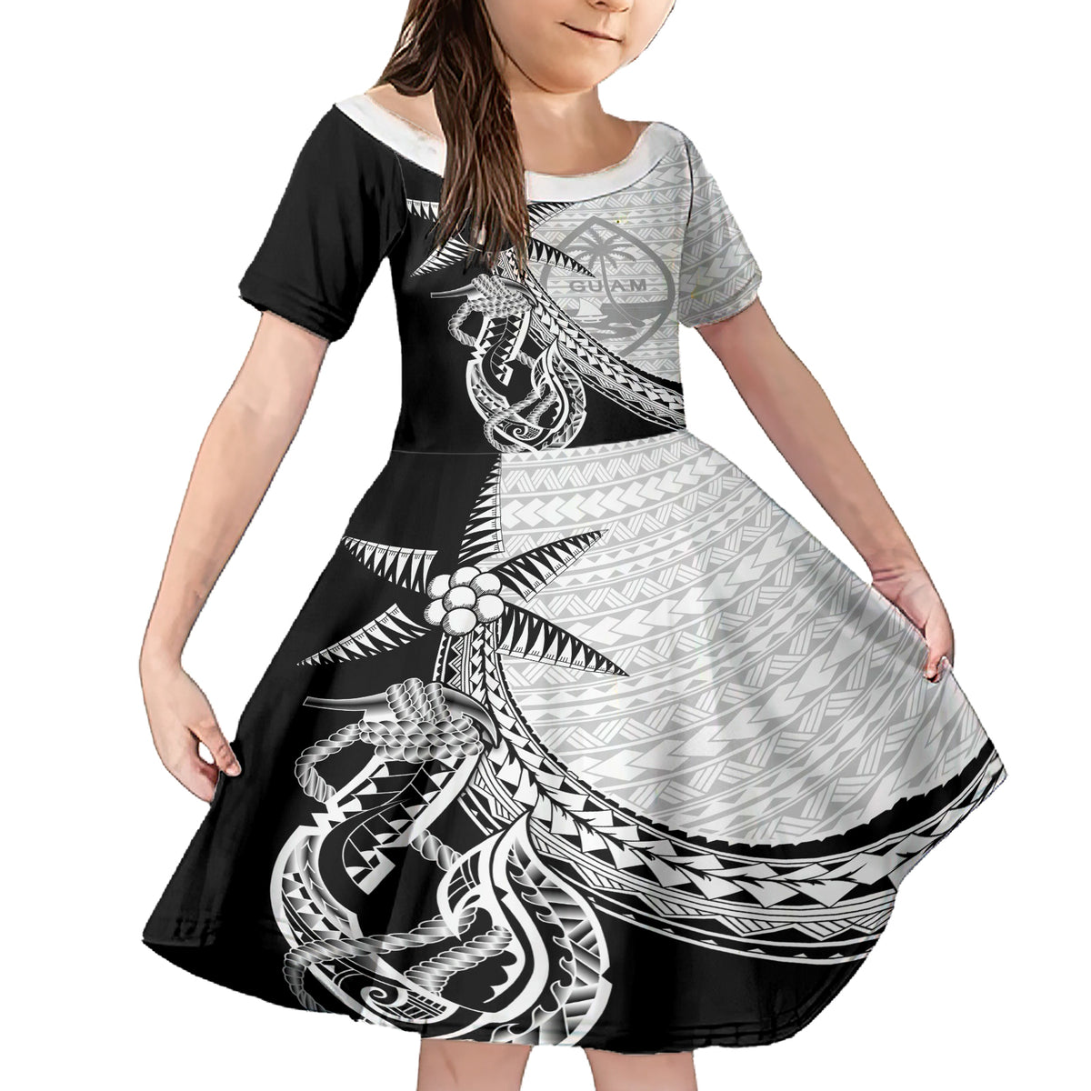 Guam Fish Hook and Palm Tree Family Matching Short Sleeve Bodycon Dress and Hawaiian Shirt Polynesian Pattern Half Style LT03 Daughter's Dress White - Polynesian Pride