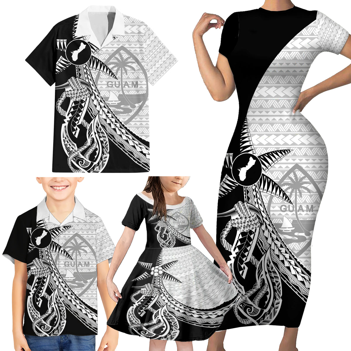 Guam Fish Hook and Palm Tree Family Matching Short Sleeve Bodycon Dress and Hawaiian Shirt Polynesian Pattern Half Style LT03 - Polynesian Pride