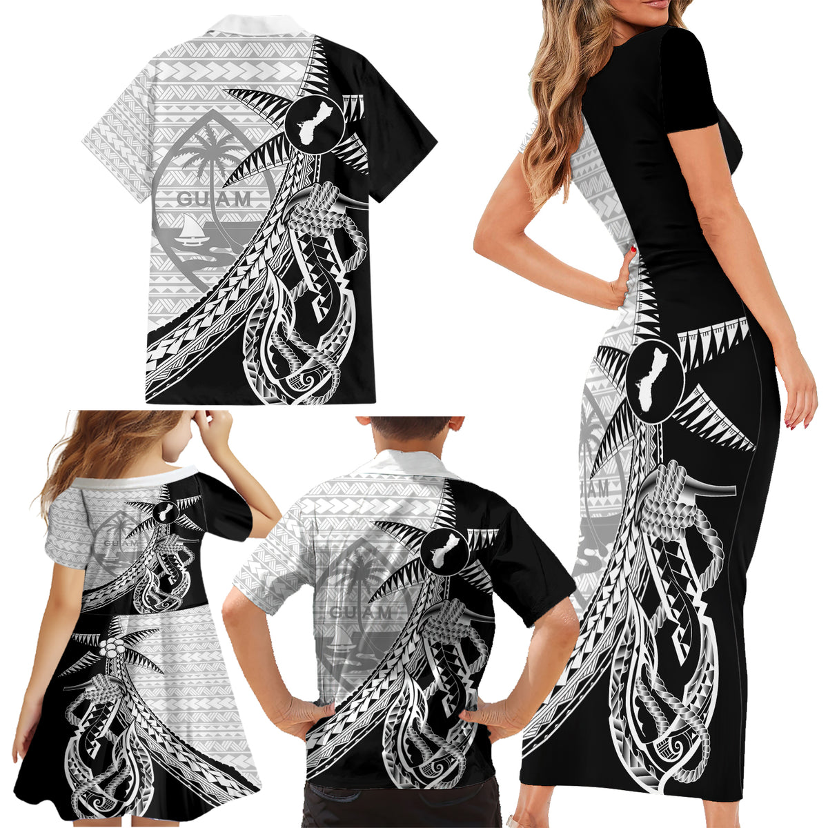 Guam Fish Hook and Palm Tree Family Matching Short Sleeve Bodycon Dress and Hawaiian Shirt Polynesian Pattern Half Style LT03 - Polynesian Pride