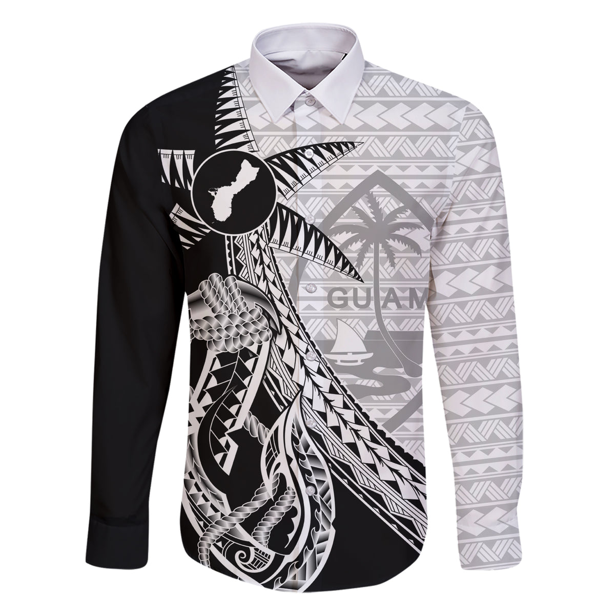 Guam Fish Hook and Palm Tree Family Matching Short Sleeve Bodycon Dress and Hawaiian Shirt Polynesian Pattern Half Style LT03 Dad's Shirt - Long Sleeve White - Polynesian Pride