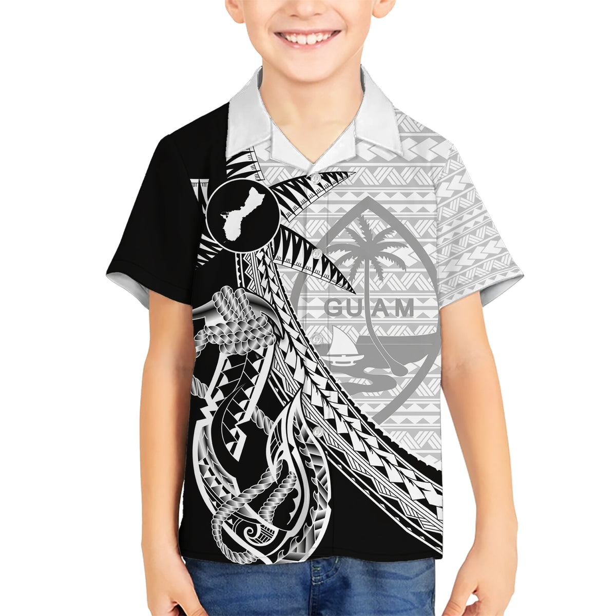 Guam Fish Hook and Palm Tree Family Matching Short Sleeve Bodycon Dress and Hawaiian Shirt Polynesian Pattern Half Style LT03 Son's Shirt White - Polynesian Pride