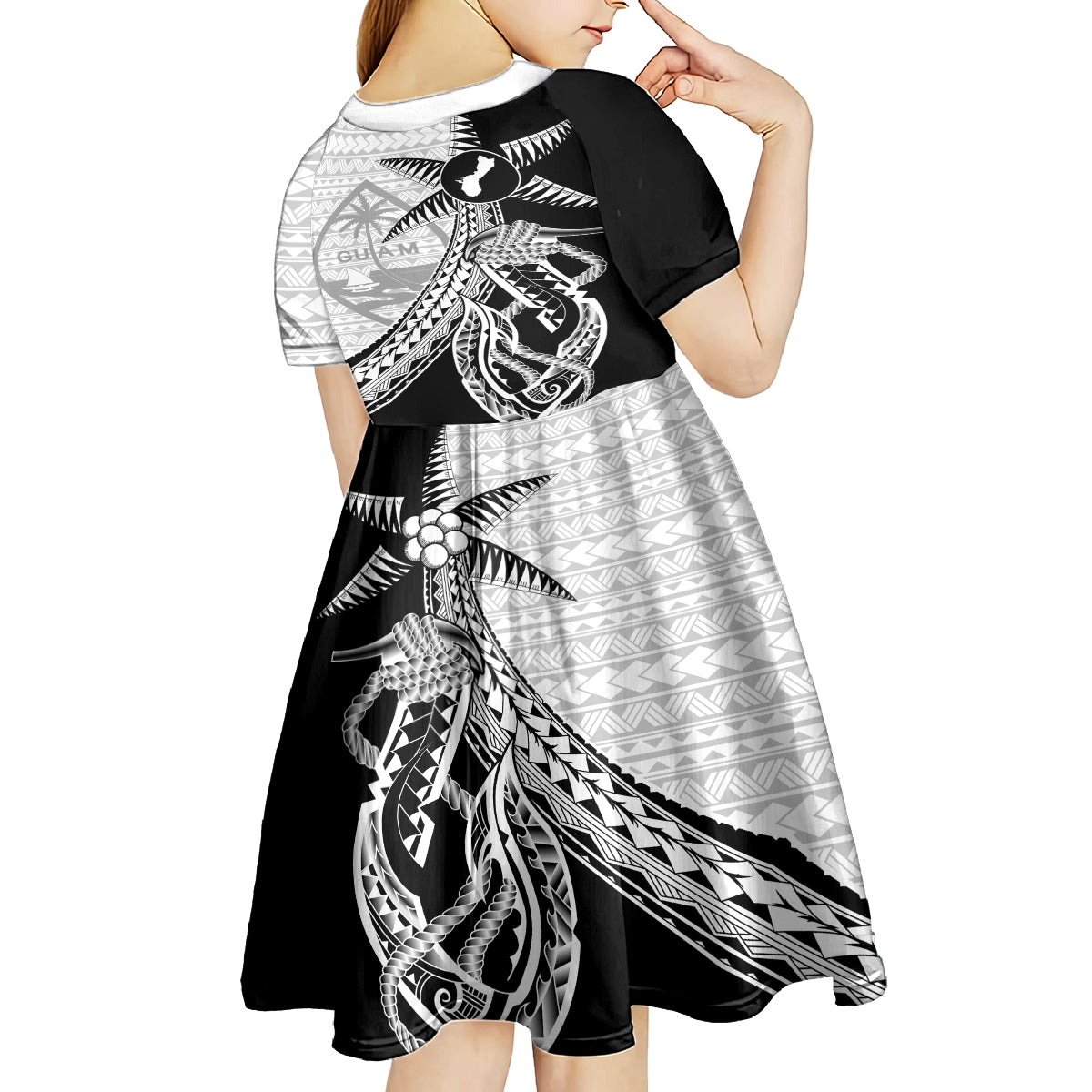 Guam Fish Hook and Palm Tree Kid Short Sleeve Dress Polynesian Pattern Half Style LT03 - Polynesian Pride