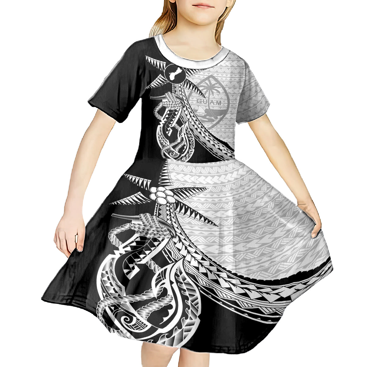 Guam Fish Hook and Palm Tree Kid Short Sleeve Dress Polynesian Pattern Half Style LT03 - Polynesian Pride