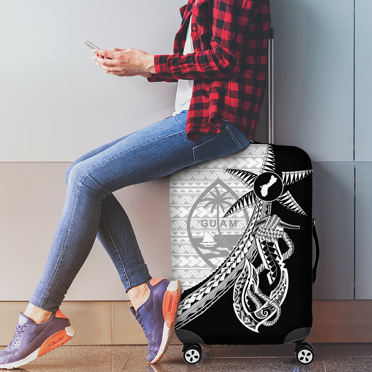Guam Fish Hook and Palm Tree Luggage Cover Polynesian Pattern Half Style
