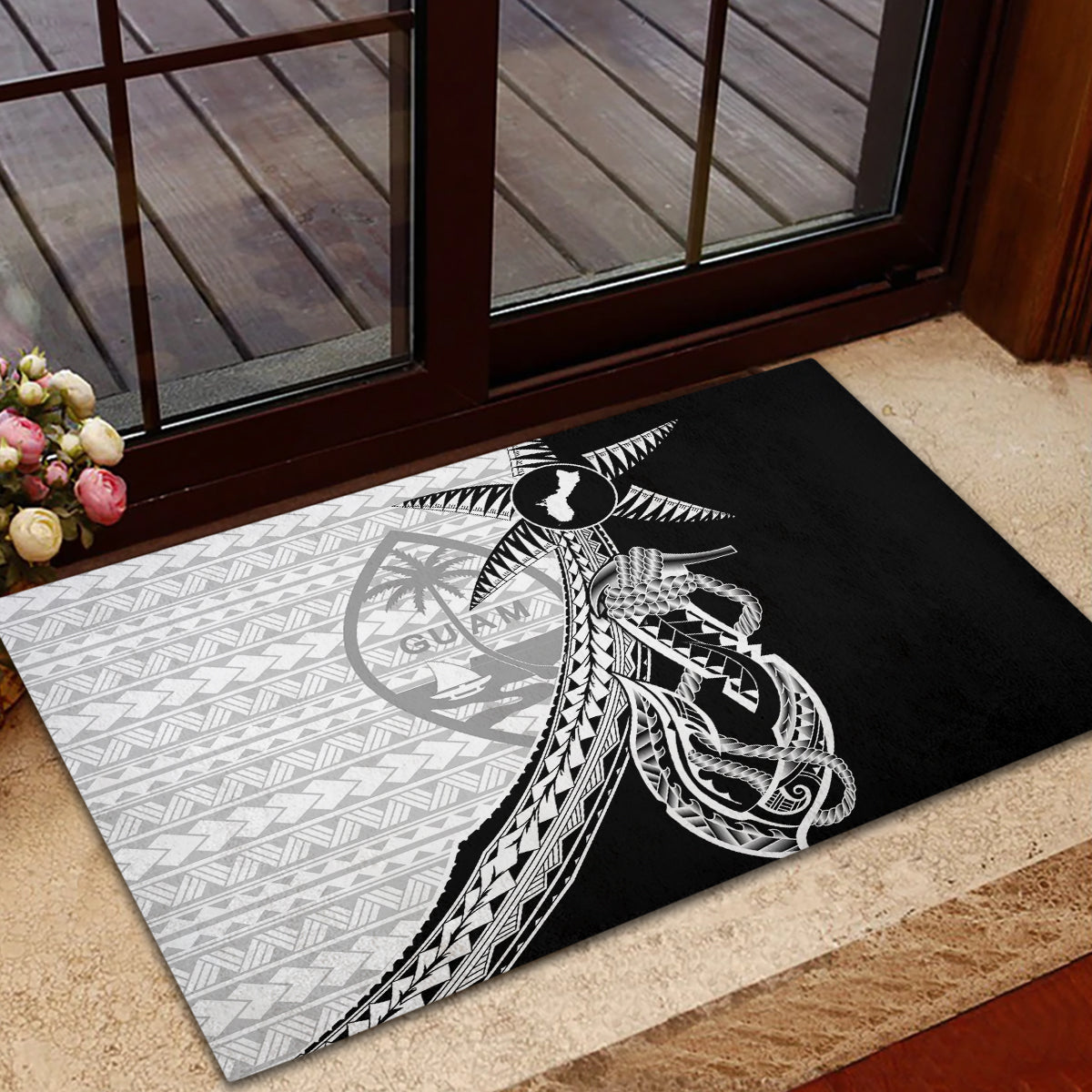 Guam Fish Hook and Palm Tree Rubber Doormat Polynesian Pattern Half Style