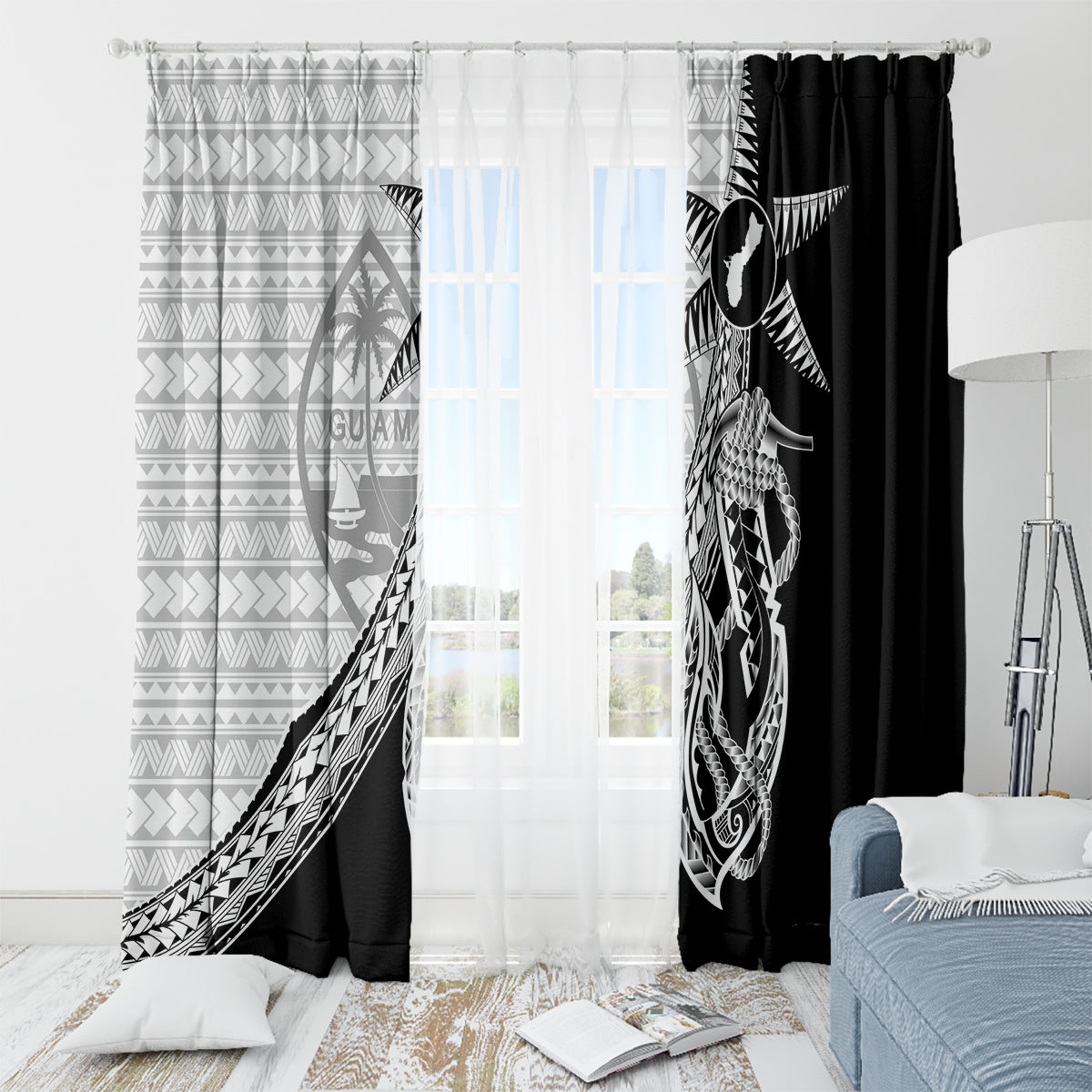 Guam Fish Hook and Palm Tree Window Curtain Polynesian Pattern Half Style