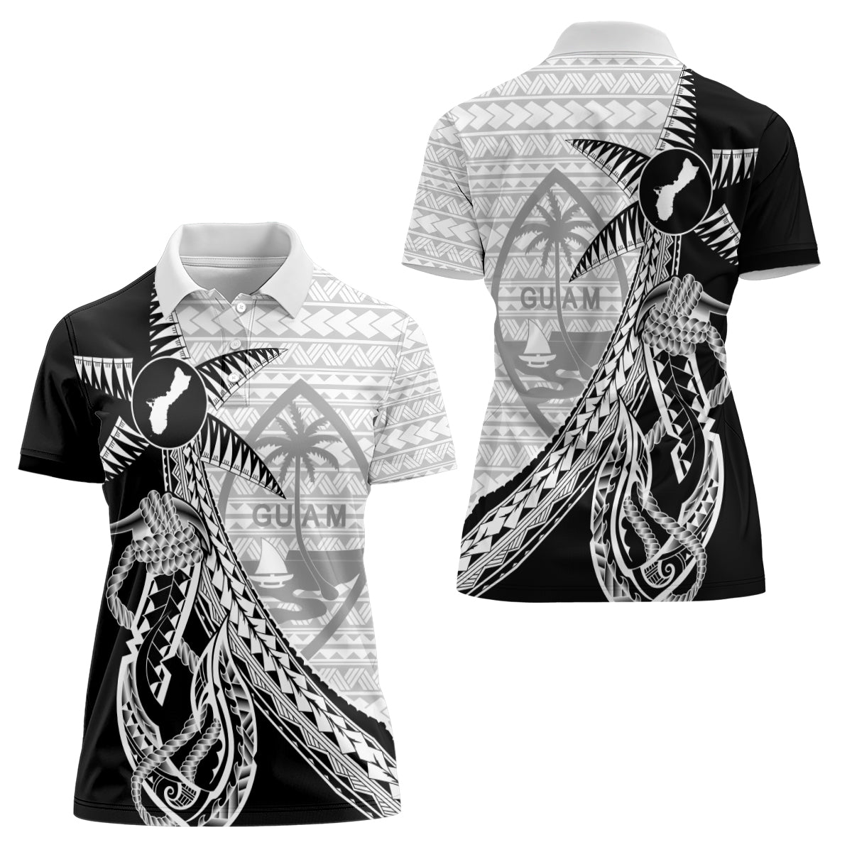 Guam Fish Hook and Palm Tree Women Polo Shirt Polynesian Pattern Half Style