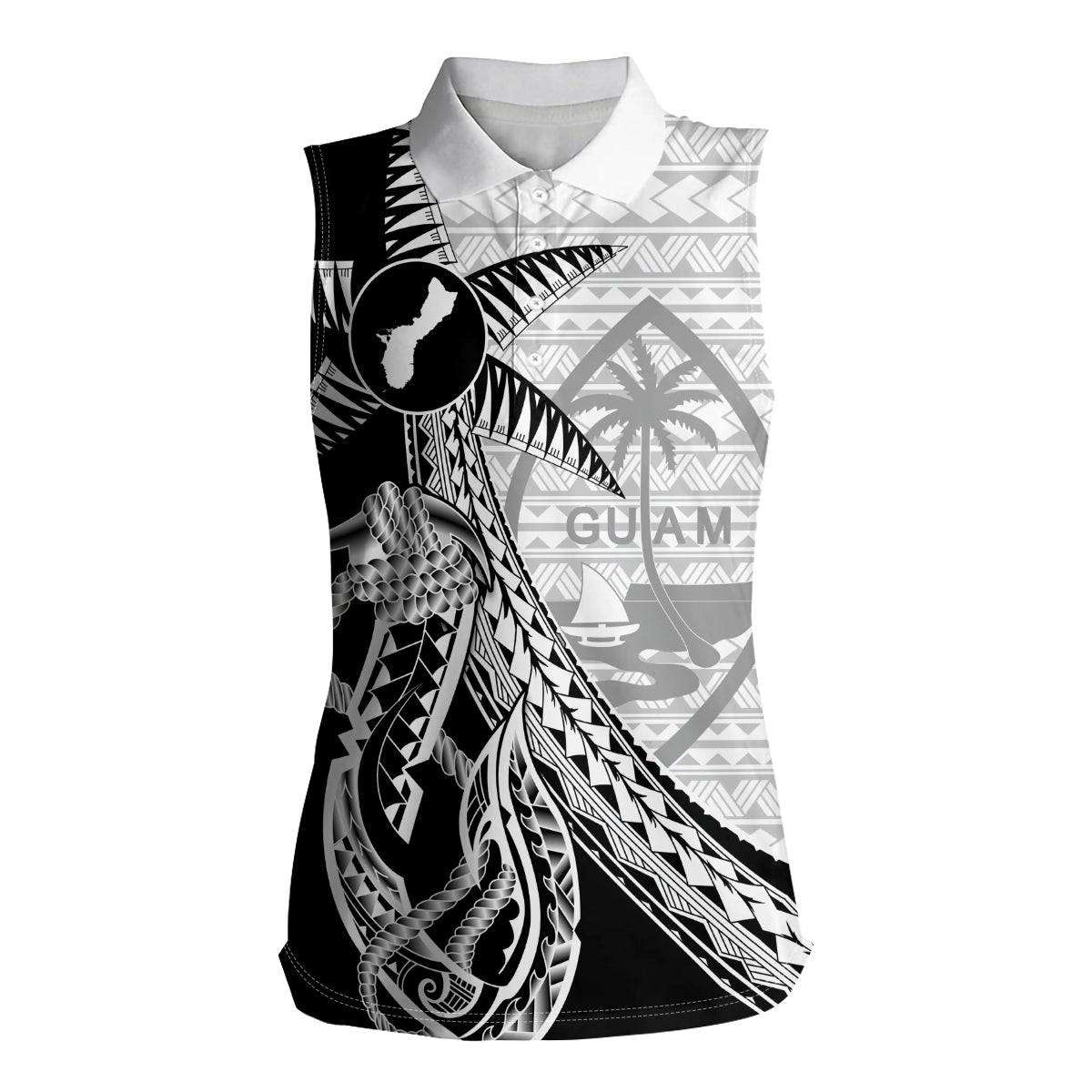 Guam Fish Hook and Palm Tree Women Sleeveless Polo Shirt Polynesian Pattern Half Style