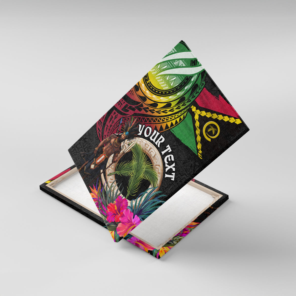 Personalised Vanuatu 44th Anniversary Canvas Wall Art Boars Tusk and Melanesian Warrior Indipendens Dei