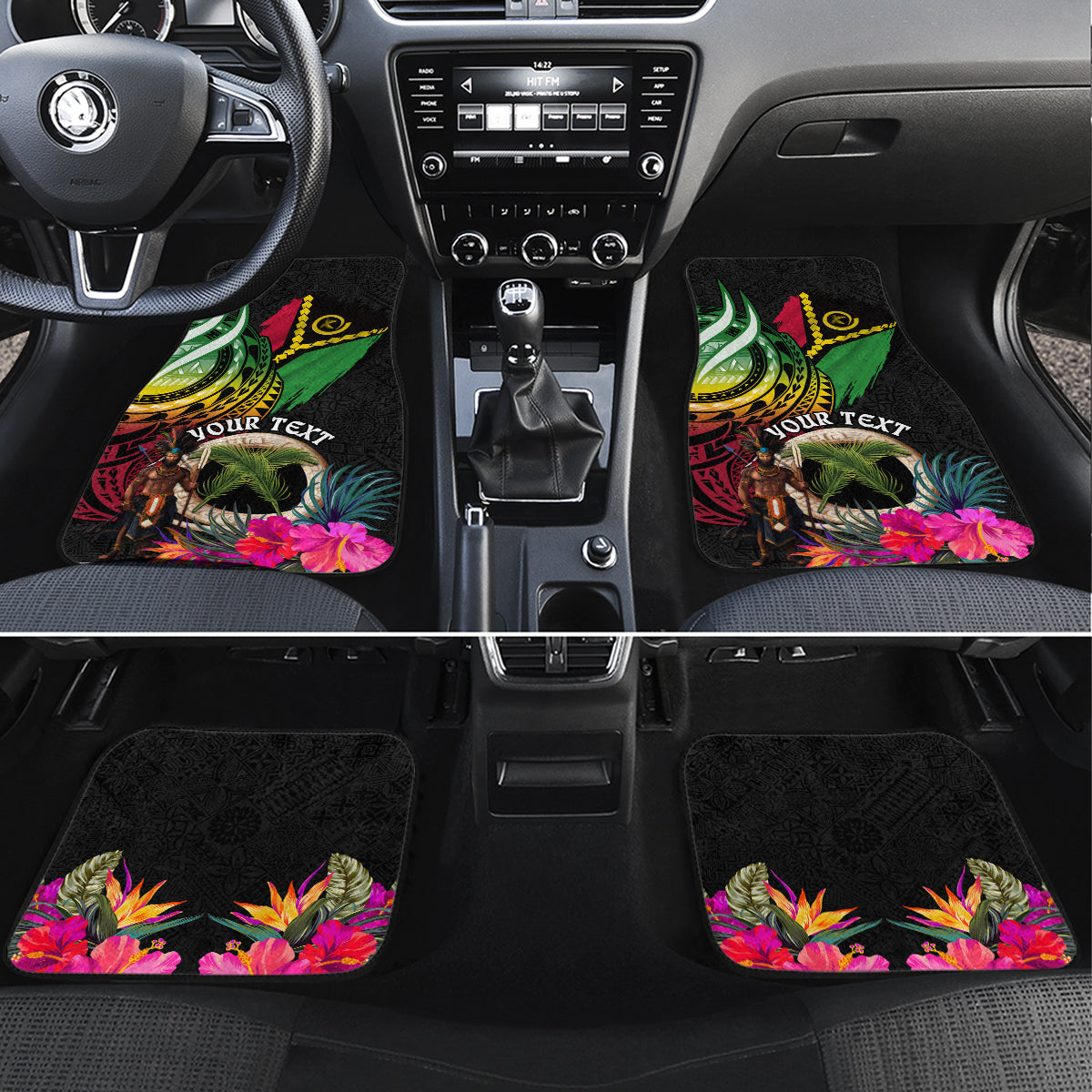 Personalised Vanuatu 44th Anniversary Car Mats Boars Tusk and Melanesian Warrior Indipendens Dei LT03 Set 4pcs Black - Polynesian Pride