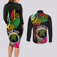 Personalised Vanuatu 44th Anniversary Couples Matching Long Sleeve Bodycon Dress and Long Sleeve Button Shirt Boars Tusk and Melanesian Warrior Indipendens Dei LT03 - Polynesian Pride