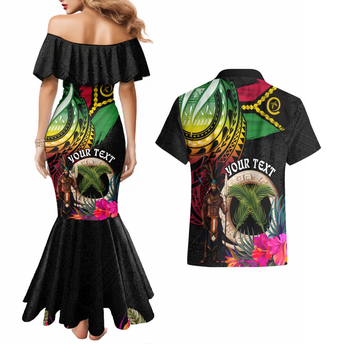 Personalised Vanuatu 44th Anniversary Couples Matching Mermaid Dress and Hawaiian Shirt Boars Tusk and Melanesian Warrior Indipendens Dei