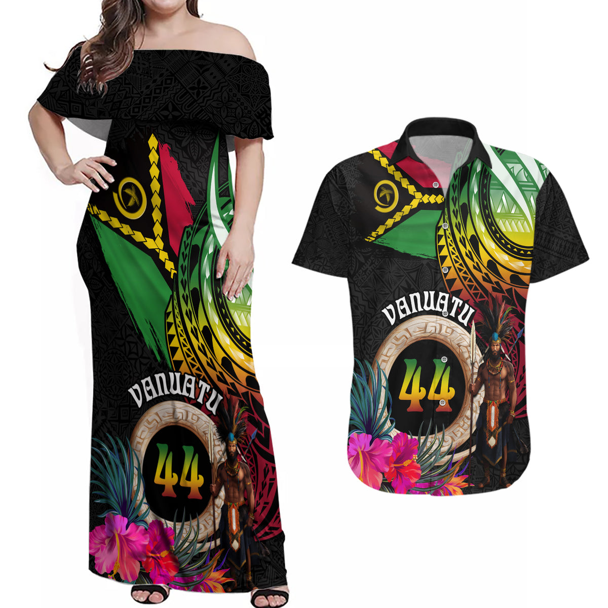 Personalised Vanuatu 44th Anniversary Couples Matching Off Shoulder Maxi Dress and Hawaiian Shirt Boars Tusk and Melanesian Warrior Indipendens Dei LT03 Black - Polynesian Pride