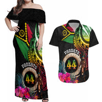 Personalised Vanuatu 44th Anniversary Couples Matching Off Shoulder Maxi Dress and Hawaiian Shirt Boars Tusk and Melanesian Warrior Indipendens Dei LT03 Black - Polynesian Pride