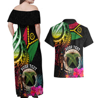 Personalised Vanuatu 44th Anniversary Couples Matching Off Shoulder Maxi Dress and Hawaiian Shirt Boars Tusk and Melanesian Warrior Indipendens Dei LT03 - Polynesian Pride
