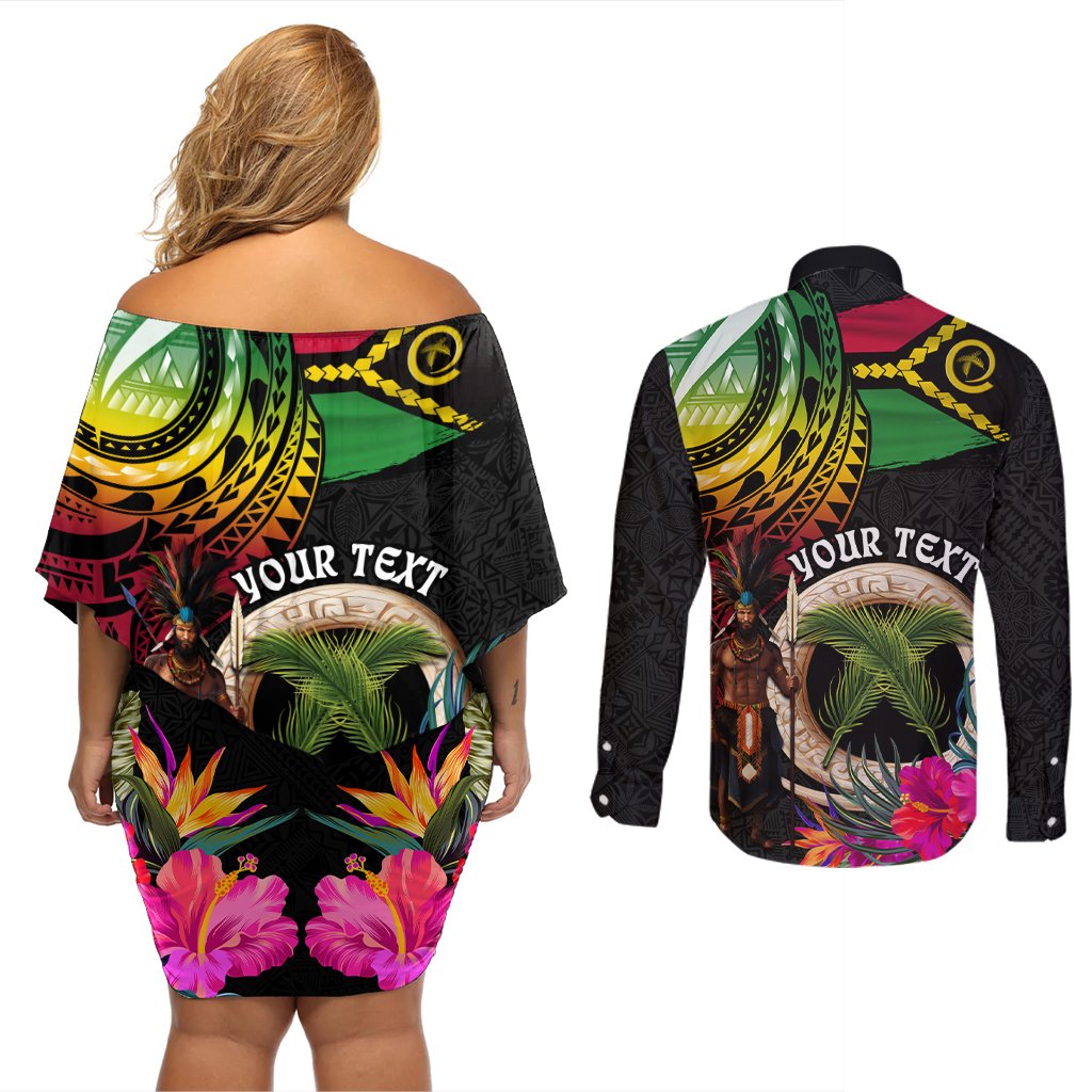 Personalised Vanuatu 44th Anniversary Couples Matching Off Shoulder Short Dress and Long Sleeve Button Shirt Boars Tusk and Melanesian Warrior Indipendens Dei LT03 - Polynesian Pride