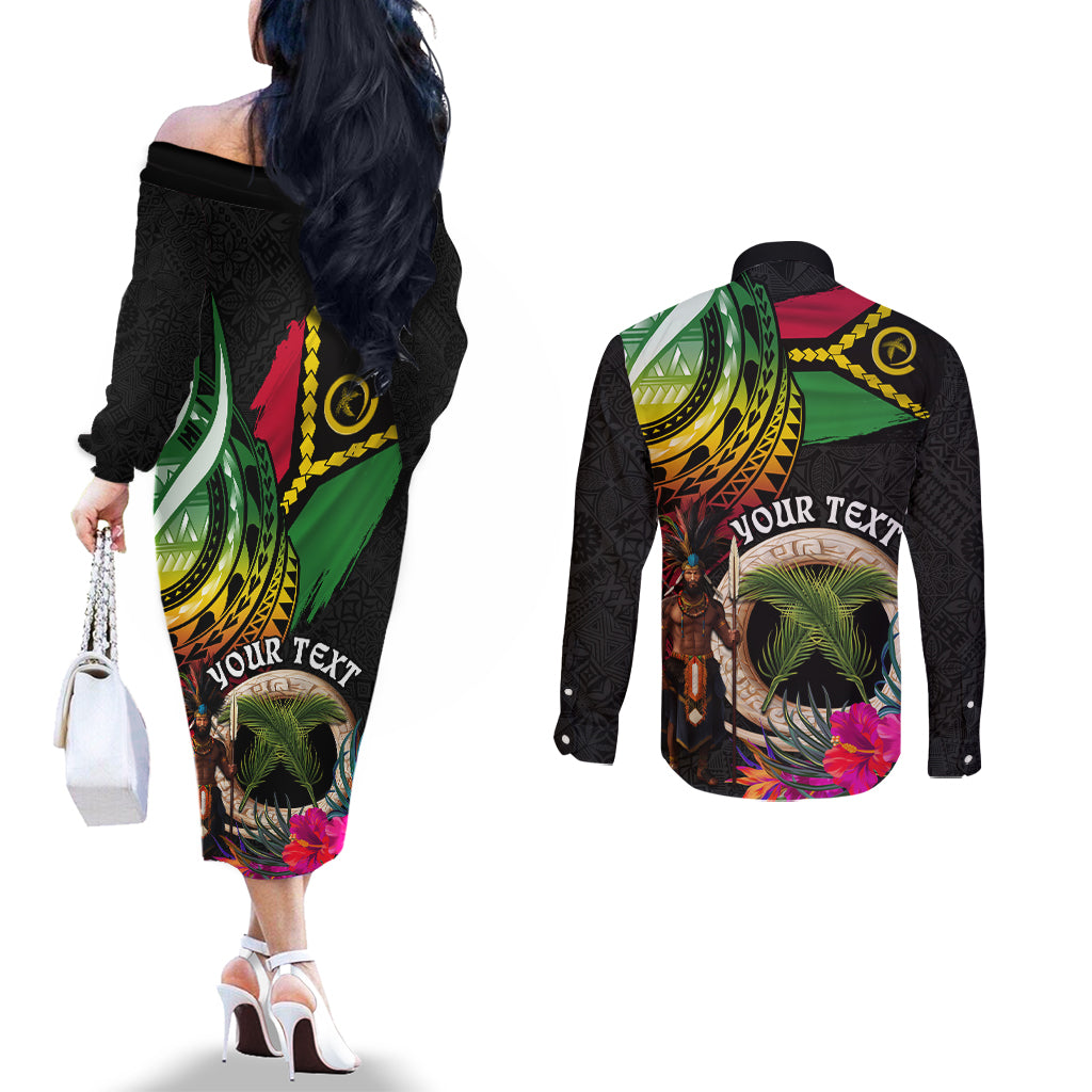 Personalised Vanuatu 44th Anniversary Couples Matching Off The Shoulder Long Sleeve Dress and Long Sleeve Button Shirt Boars Tusk and Melanesian Warrior Indipendens Dei LT03 - Polynesian Pride