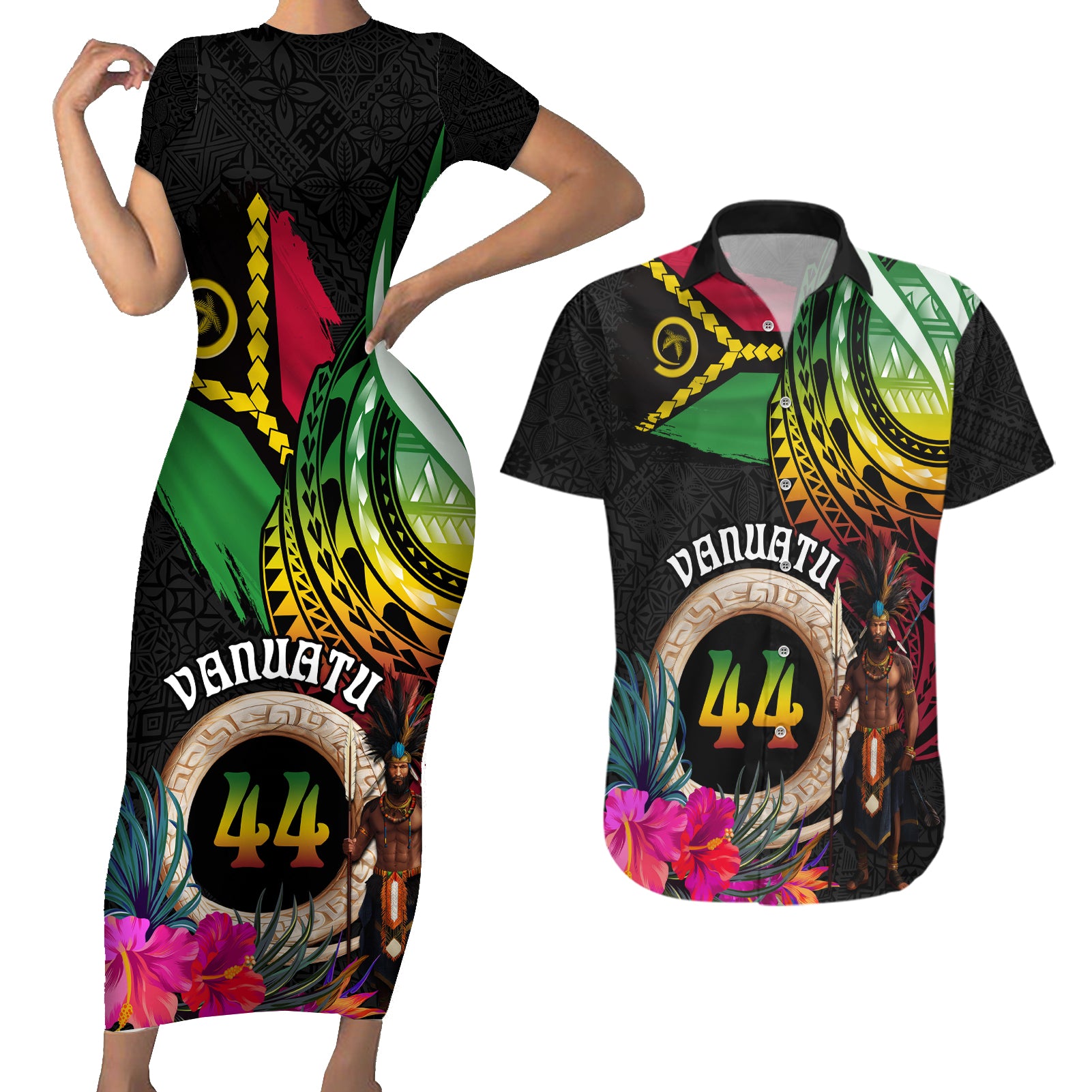 Personalised Vanuatu 44th Anniversary Couples Matching Short Sleeve Bodycon Dress and Hawaiian Shirt Boars Tusk and Melanesian Warrior Indipendens Dei