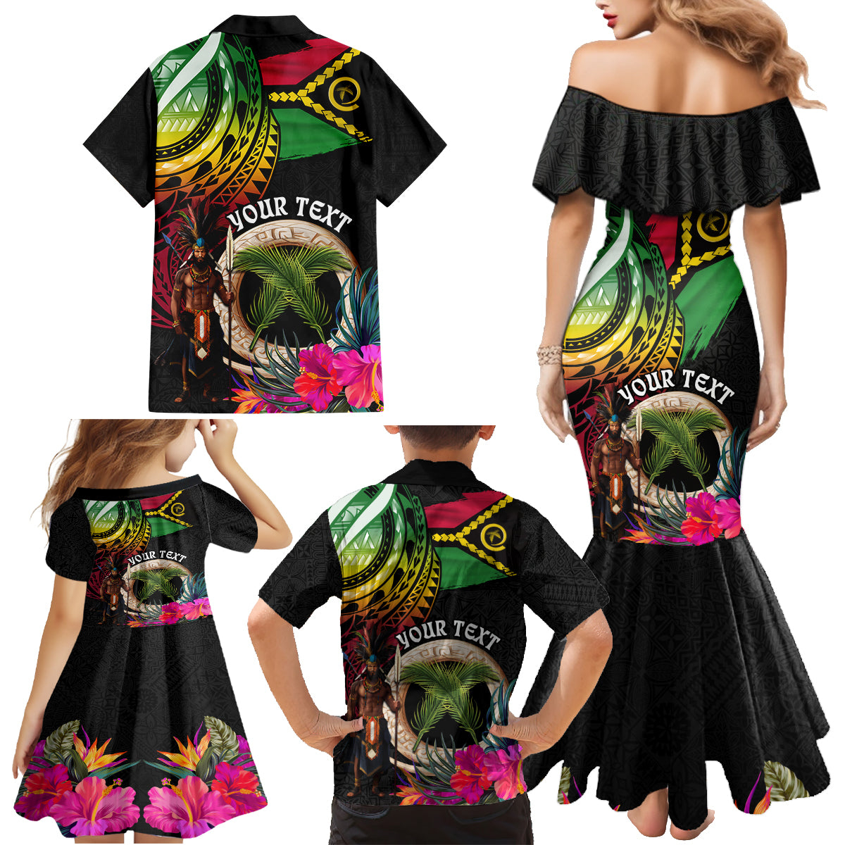 Personalised Vanuatu 44th Anniversary Family Matching Mermaid Dress and Hawaiian Shirt Boars Tusk and Melanesian Warrior Indipendens Dei LT03 - Polynesian Pride
