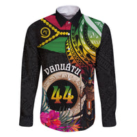 Personalised Vanuatu 44th Anniversary Family Matching Mermaid Dress and Hawaiian Shirt Boars Tusk and Melanesian Warrior Indipendens Dei LT03 Dad's Shirt - Long Sleeve Black - Polynesian Pride