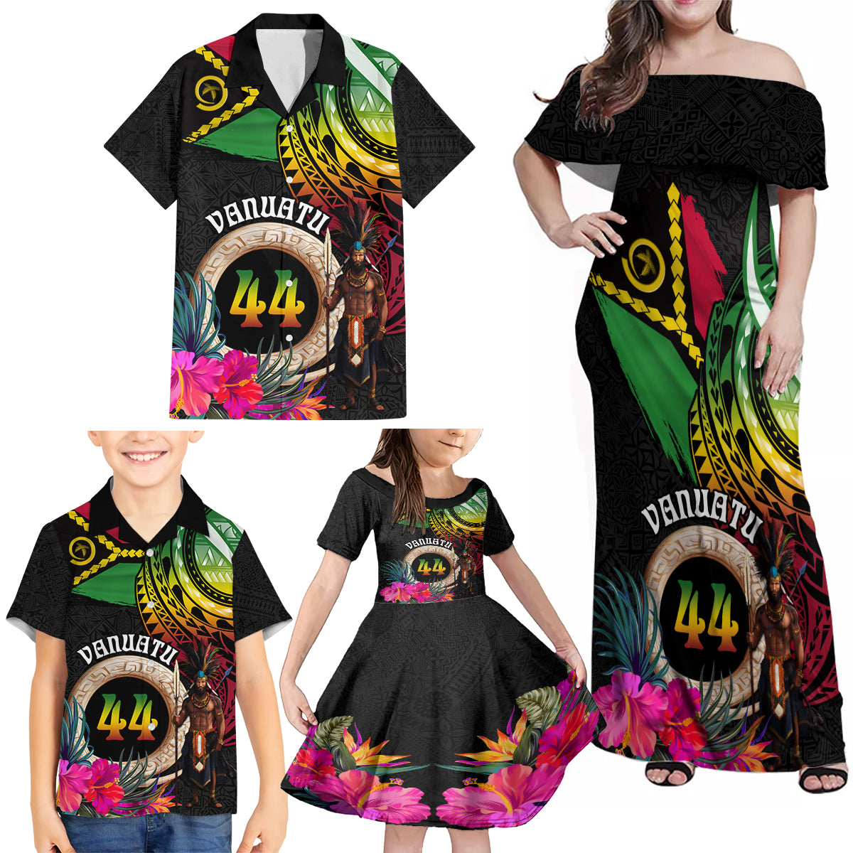 Personalised Vanuatu 44th Anniversary Family Matching Off Shoulder Maxi Dress and Hawaiian Shirt Boars Tusk and Melanesian Warrior Indipendens Dei LT03 - Polynesian Pride