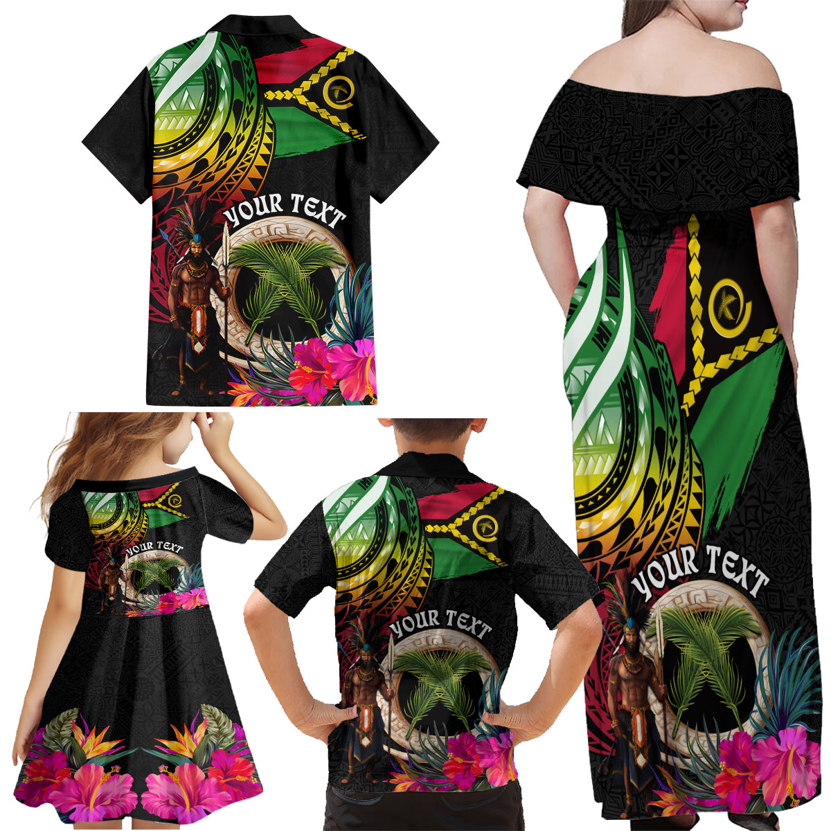 Personalised Vanuatu 44th Anniversary Family Matching Off Shoulder Maxi Dress and Hawaiian Shirt Boars Tusk and Melanesian Warrior Indipendens Dei LT03 - Polynesian Pride