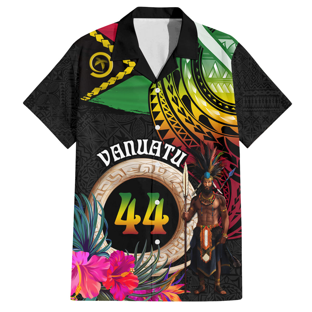 Personalised Vanuatu 44th Anniversary Family Matching Off Shoulder Maxi Dress and Hawaiian Shirt Boars Tusk and Melanesian Warrior Indipendens Dei LT03 Dad's Shirt - Short Sleeve Black - Polynesian Pride