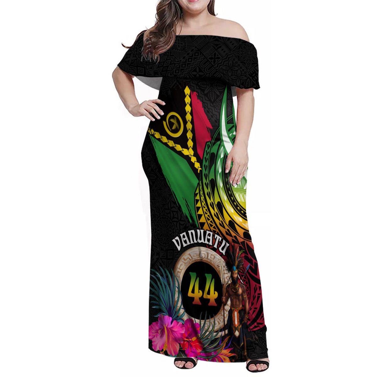 Personalised Vanuatu 44th Anniversary Family Matching Off Shoulder Maxi Dress and Hawaiian Shirt Boars Tusk and Melanesian Warrior Indipendens Dei LT03 Mom's Dress Black - Polynesian Pride