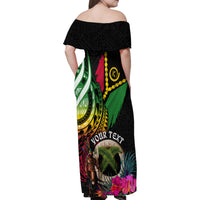 Personalised Vanuatu 44th Anniversary Family Matching Off Shoulder Maxi Dress and Hawaiian Shirt Boars Tusk and Melanesian Warrior Indipendens Dei LT03 - Polynesian Pride