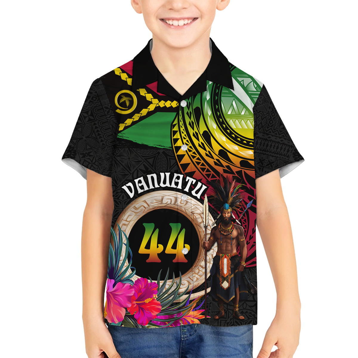 Personalised Vanuatu 44th Anniversary Family Matching Off Shoulder Maxi Dress and Hawaiian Shirt Boars Tusk and Melanesian Warrior Indipendens Dei LT03 Son's Shirt Black - Polynesian Pride