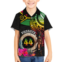 Personalised Vanuatu 44th Anniversary Family Matching Off Shoulder Maxi Dress and Hawaiian Shirt Boars Tusk and Melanesian Warrior Indipendens Dei LT03 Son's Shirt Black - Polynesian Pride