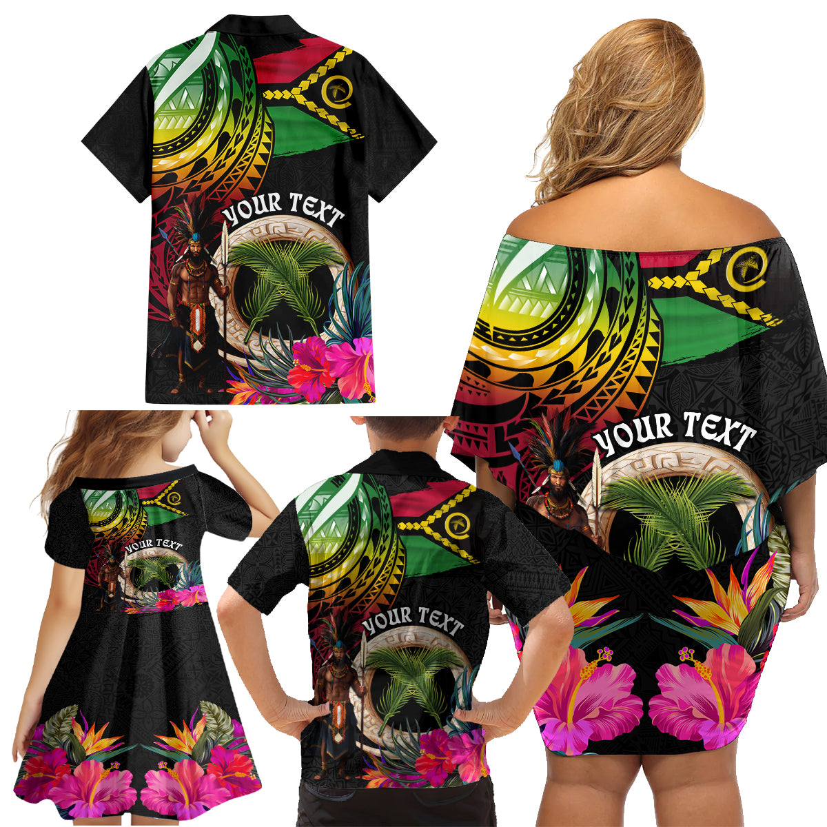 Personalised Vanuatu 44th Anniversary Family Matching Off Shoulder Short Dress and Hawaiian Shirt Boars Tusk and Melanesian Warrior Indipendens Dei LT03 - Polynesian Pride