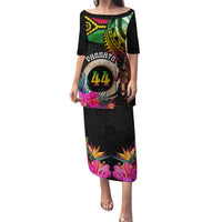Personalised Vanuatu 44th Anniversary Family Matching Puletasi and Hawaiian Shirt Boars Tusk and Melanesian Warrior Indipendens Dei