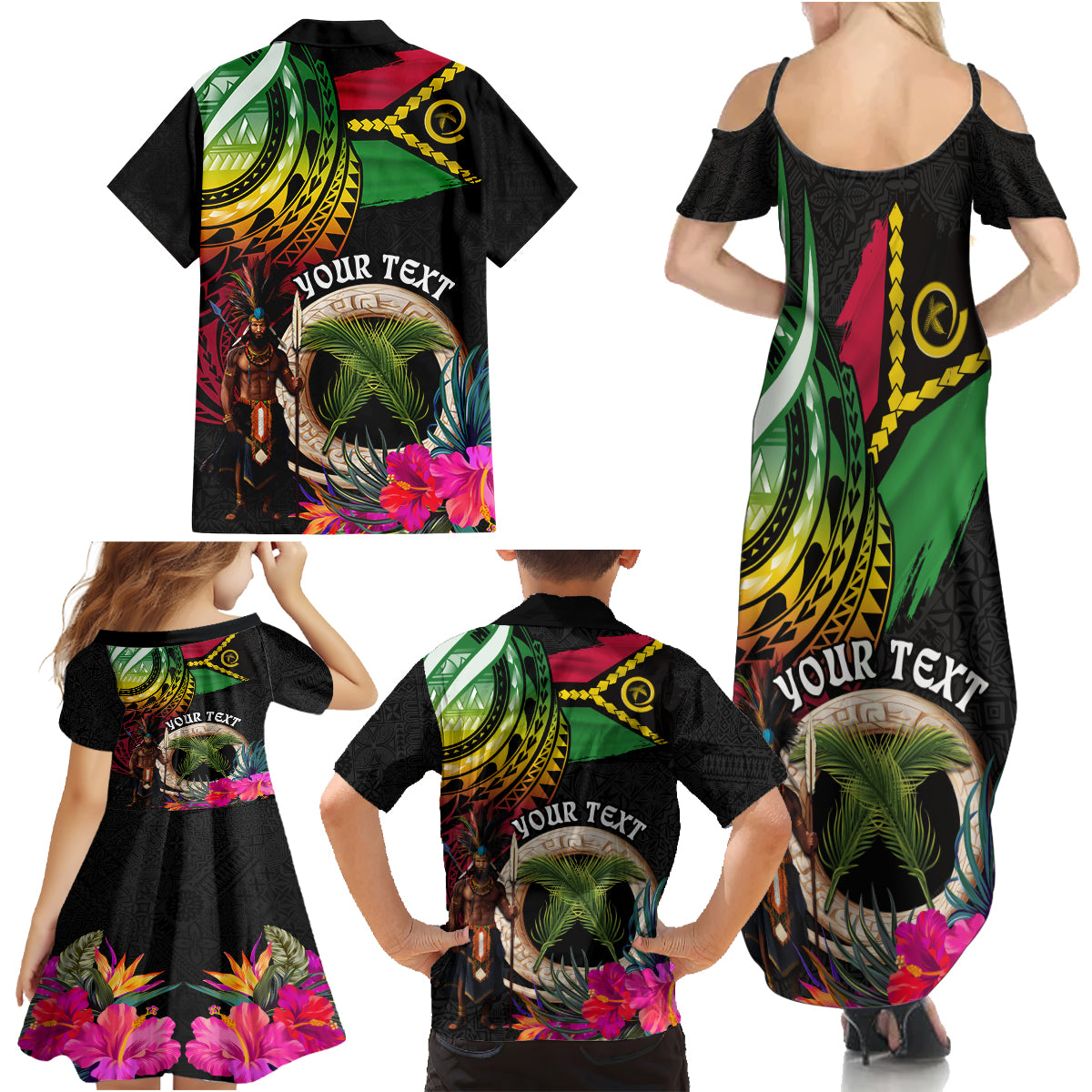 Personalised Vanuatu 44th Anniversary Family Matching Summer Maxi Dress and Hawaiian Shirt Boars Tusk and Melanesian Warrior Indipendens Dei LT03 - Polynesian Pride
