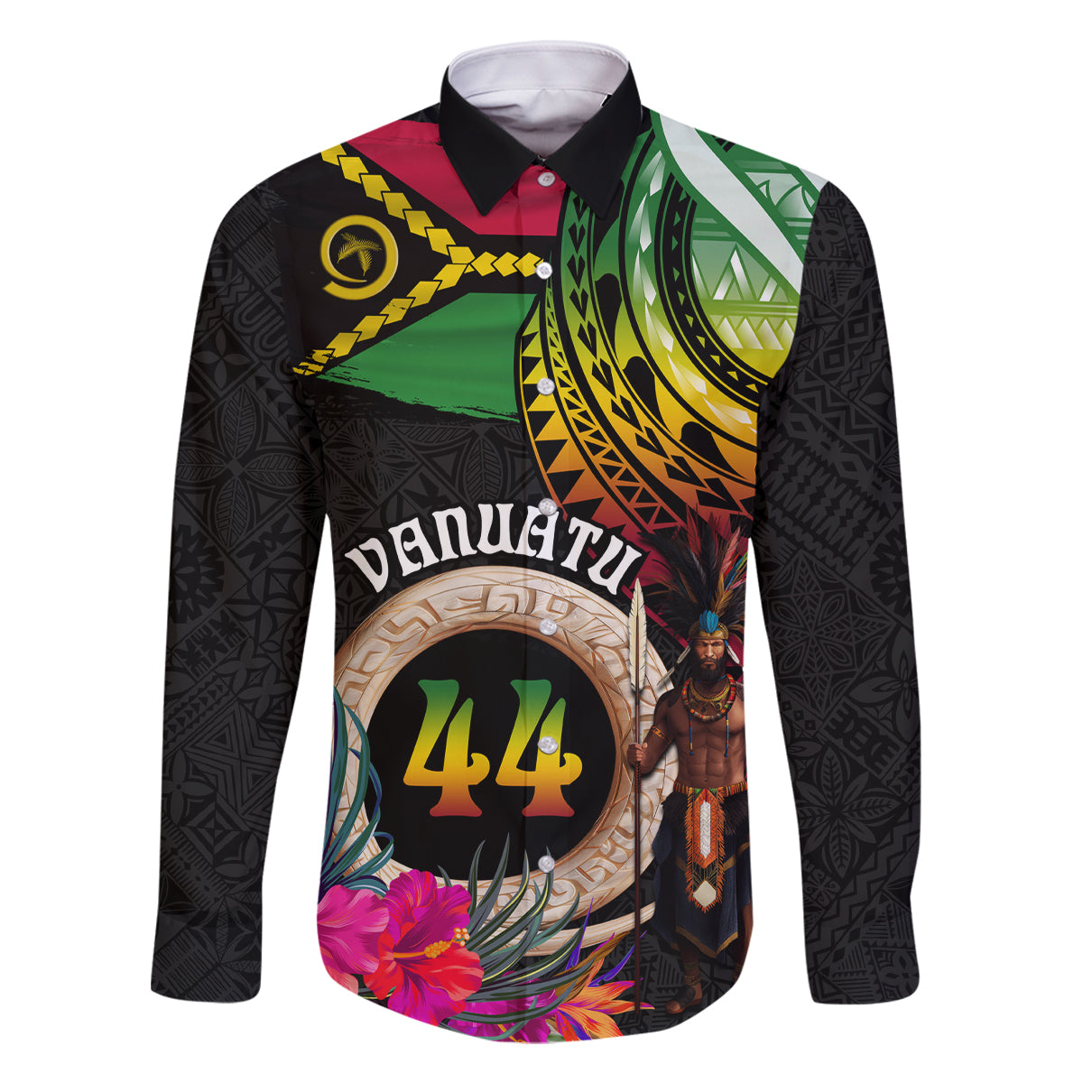 Personalised Vanuatu 44th Anniversary Family Matching Summer Maxi Dress and Hawaiian Shirt Boars Tusk and Melanesian Warrior Indipendens Dei LT03 Dad's Shirt - Long Sleeve Black - Polynesian Pride