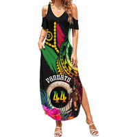 Personalised Vanuatu 44th Anniversary Family Matching Summer Maxi Dress and Hawaiian Shirt Boars Tusk and Melanesian Warrior Indipendens Dei LT03 Mom's Dress Black - Polynesian Pride