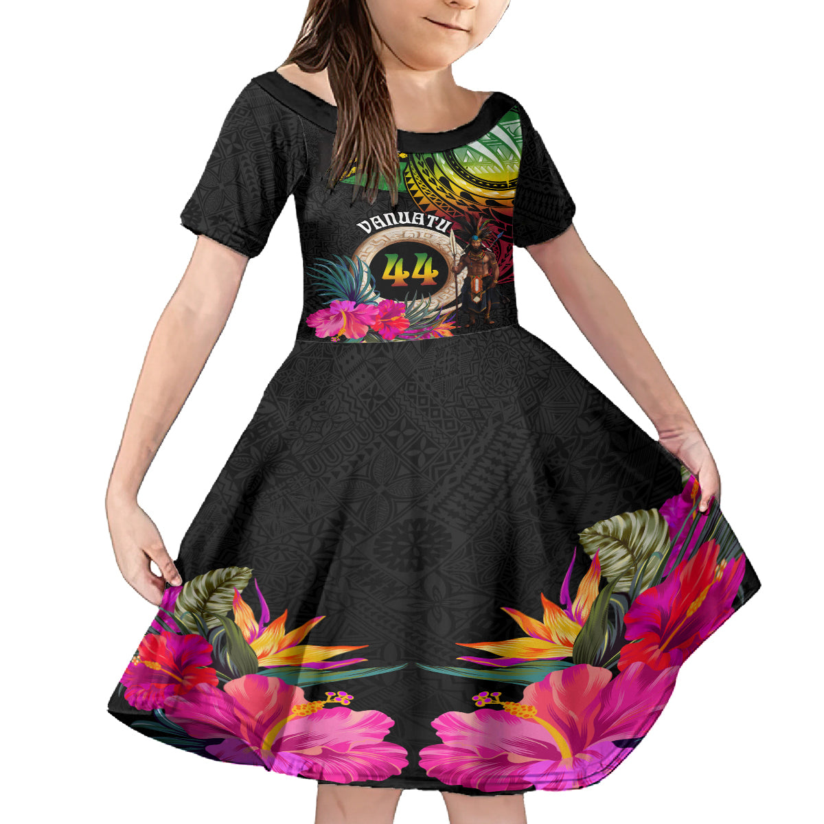 Personalised Vanuatu 44th Anniversary Family Matching Tank Maxi Dress and Hawaiian Shirt Boars Tusk and Melanesian Warrior Indipendens Dei LT03 Daughter's Dress Black - Polynesian Pride