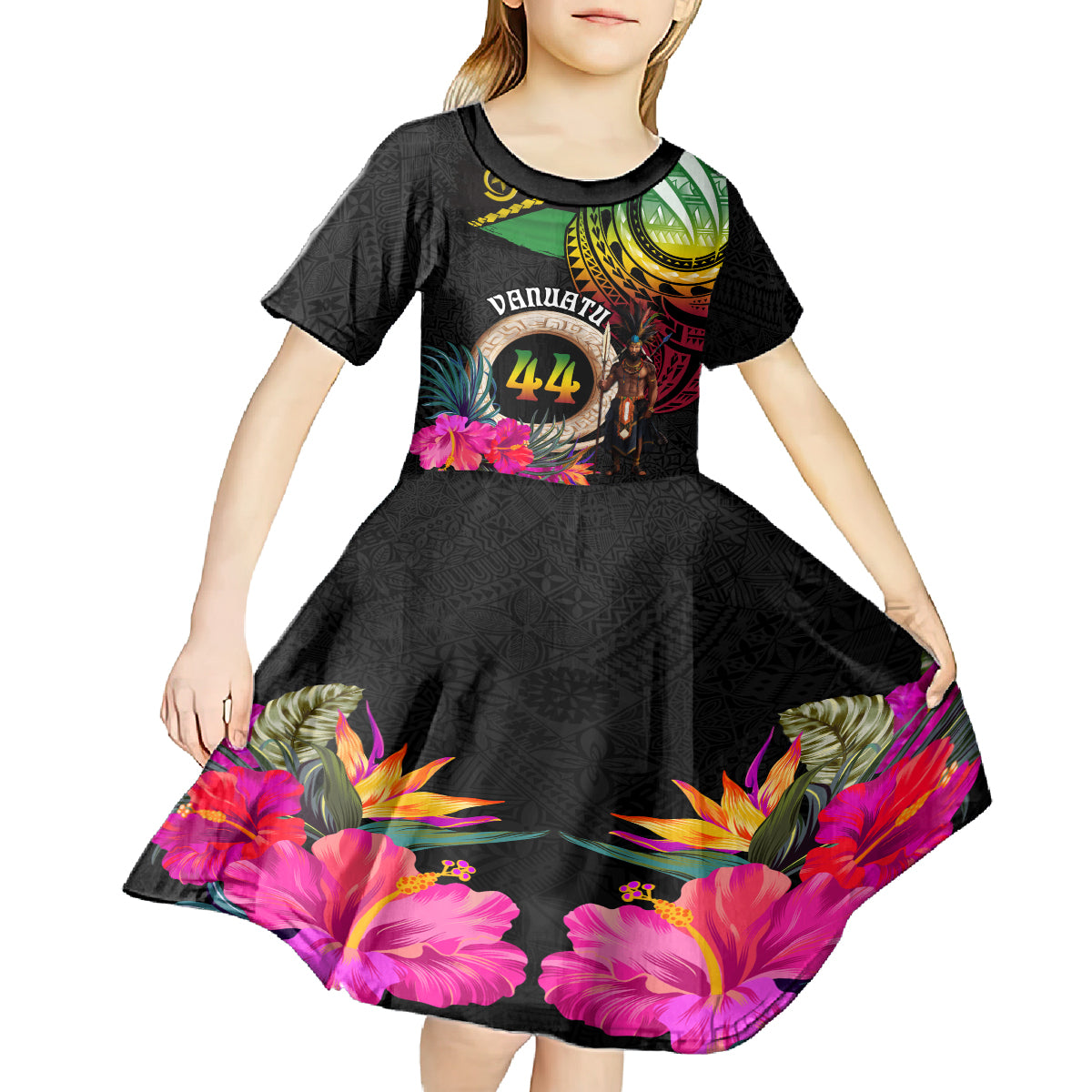 Personalised Vanuatu 44th Anniversary Kid Short Sleeve Dress Boars Tusk and Melanesian Warrior Indipendens Dei LT03 - Polynesian Pride