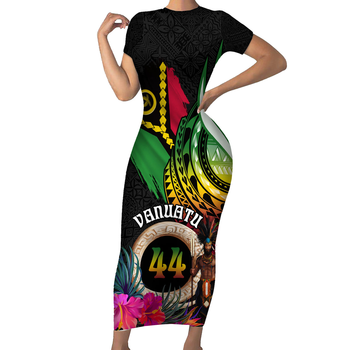 Personalised Vanuatu 44th Anniversary Short Sleeve Bodycon Dress Boars Tusk and Melanesian Warrior Indipendens Dei