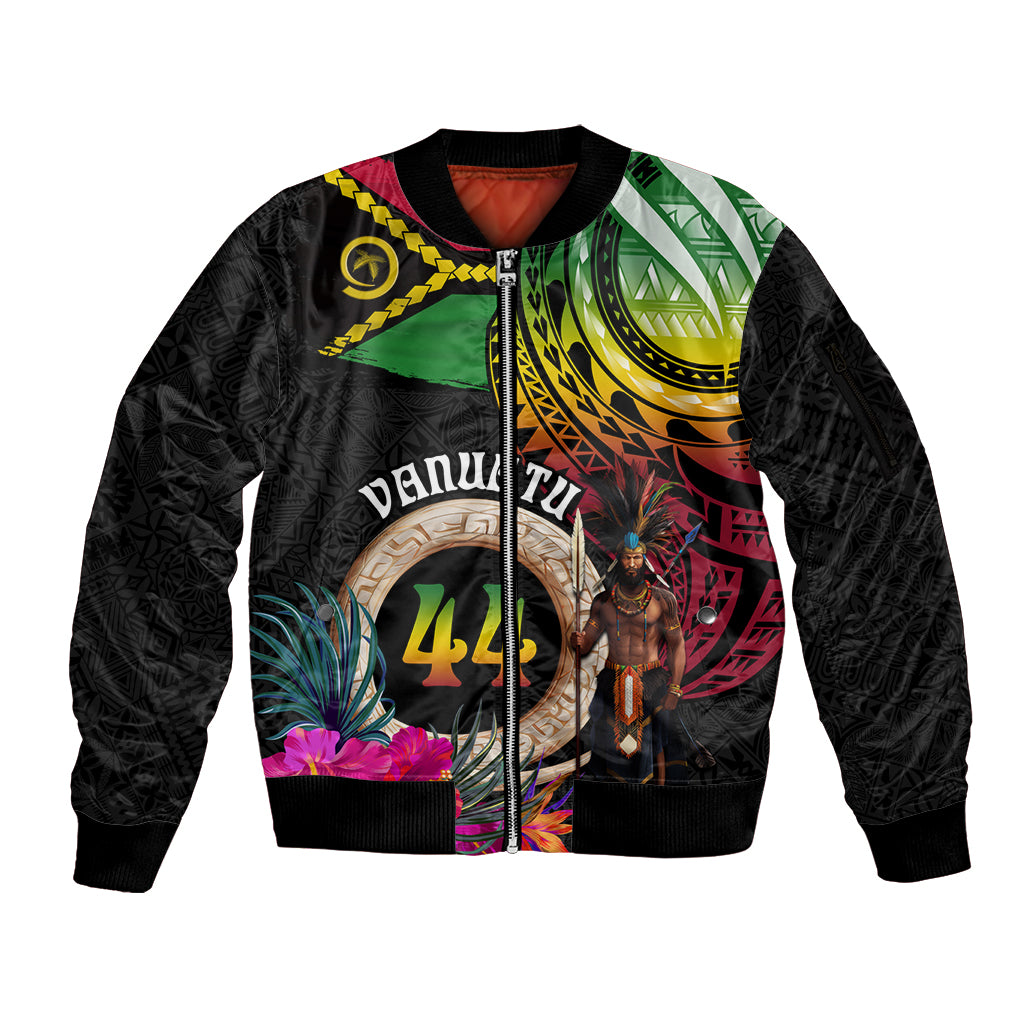 Personalised Vanuatu 44th Anniversary Sleeve Zip Bomber Jacket Boars Tusk and Melanesian Warrior Indipendens Dei