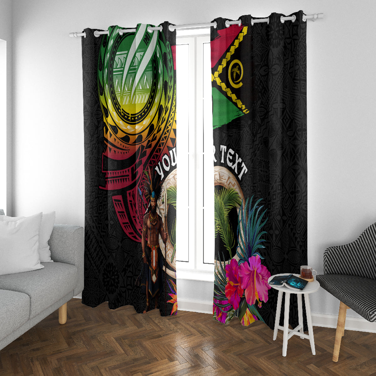 Personalised Vanuatu 44th Anniversary Window Curtain Boars Tusk and Melanesian Warrior Indipendens Dei