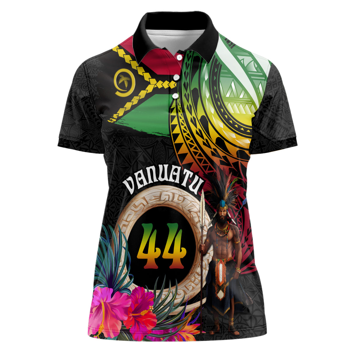 Personalised Vanuatu 44th Anniversary Women Polo Shirt Boars Tusk and Melanesian Warrior Indipendens Dei