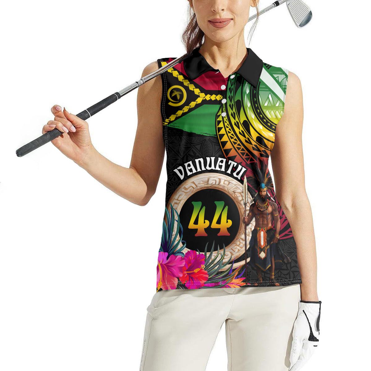 Personalised Vanuatu 44th Anniversary Women Sleeveless Polo Shirt Boars Tusk and Melanesian Warrior Indipendens Dei LT03 - Polynesian Pride