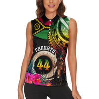 Personalised Vanuatu 44th Anniversary Women Sleeveless Polo Shirt Boars Tusk and Melanesian Warrior Indipendens Dei LT03 - Polynesian Pride