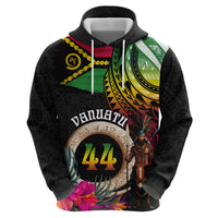 Personalised Vanuatu 44th Anniversary Zip Hoodie Boars Tusk and Melanesian Warrior Indipendens Dei
